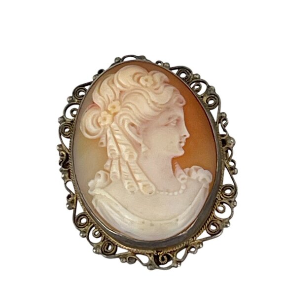 Antique European Cameo Brooch With Ornate Filigree Frame & 835 Silver Mark - Picture 2 of 9